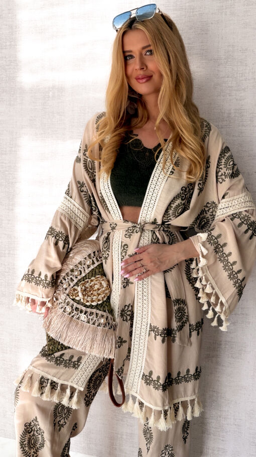 Luźny boho komplet ecru NARZUTKA + spodnie - R974