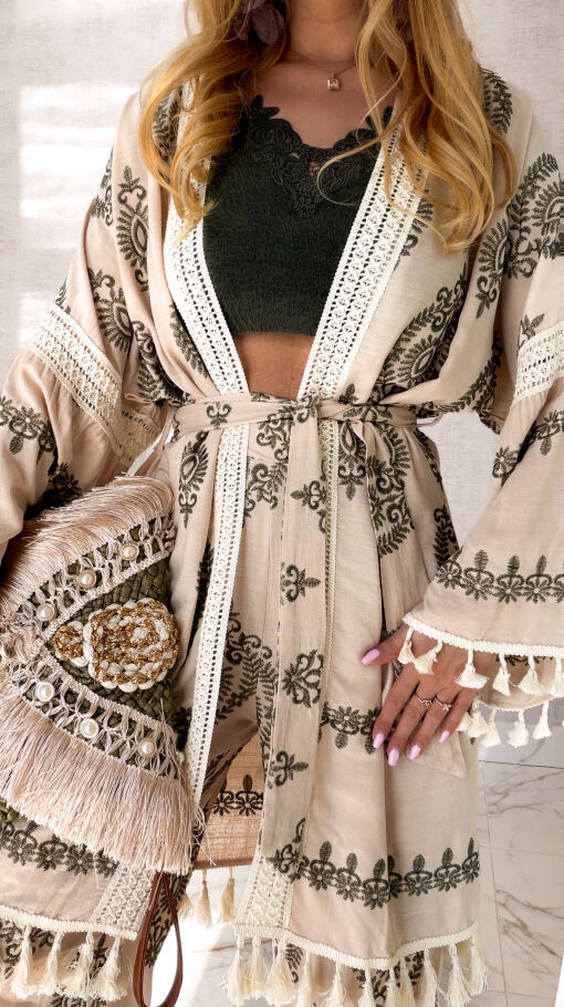 Luźny boho komplet ecru NARZUTKA + spodnie - R974