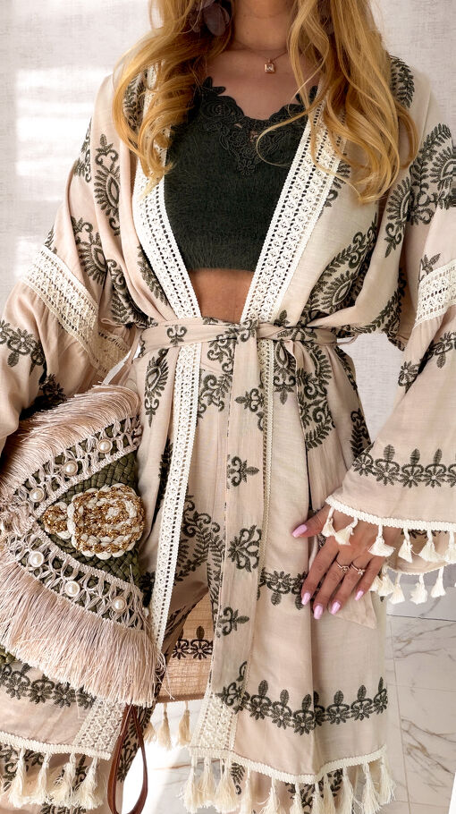 Luźny boho komplet ecru NARZUTKA + spodnie - R974