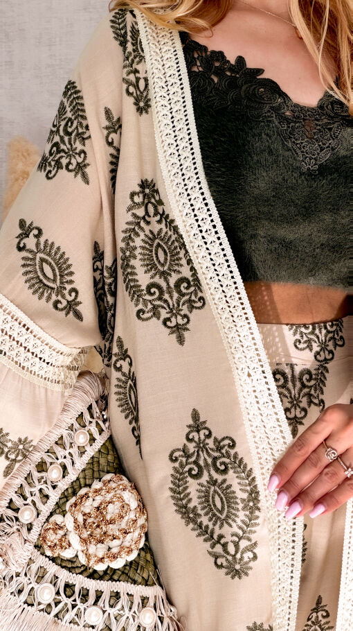 Luźny boho komplet ecru NARZUTKA + spodnie - R974