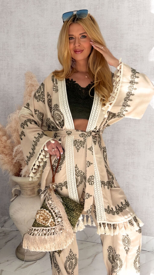 Luźny boho komplet ecru NARZUTKA + spodnie - R974