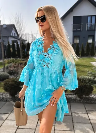 Haftowana jedwabna sukienka TURKUSOWA - M864