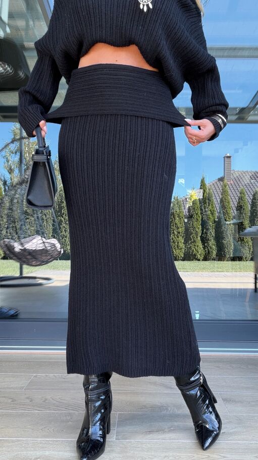 Elastyczny dzianinowy komplet sweter + długa spódnica ONE SIZE black - S252
