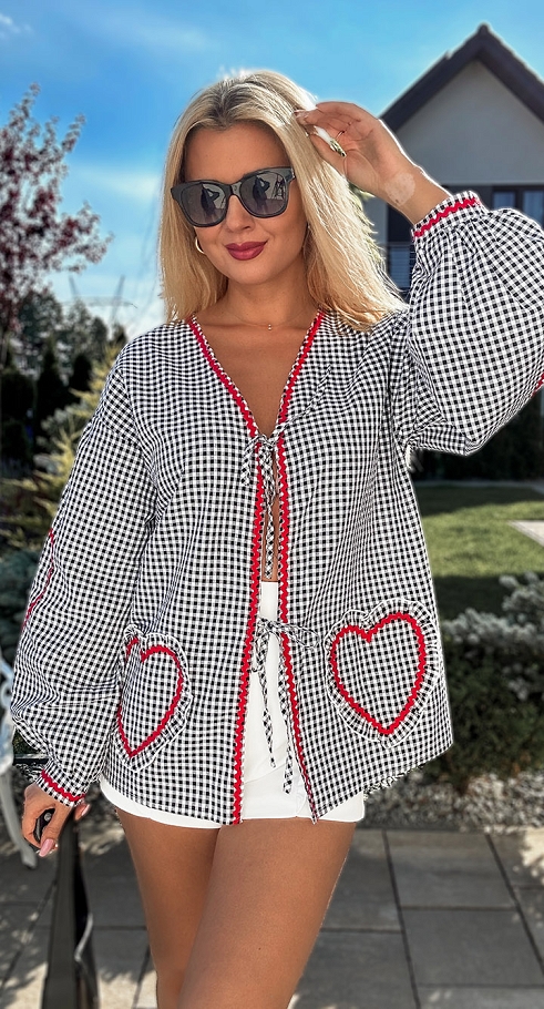 Modna wiązana bluzka OVERSIZE w czarną kratkę z czerwoną lamówką ONE SIZE - N395A