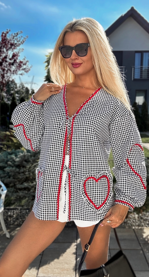 Modna wiązana bluzka OVERSIZE w czarną kratkę z czerwoną lamówką ONE SIZE - N395A