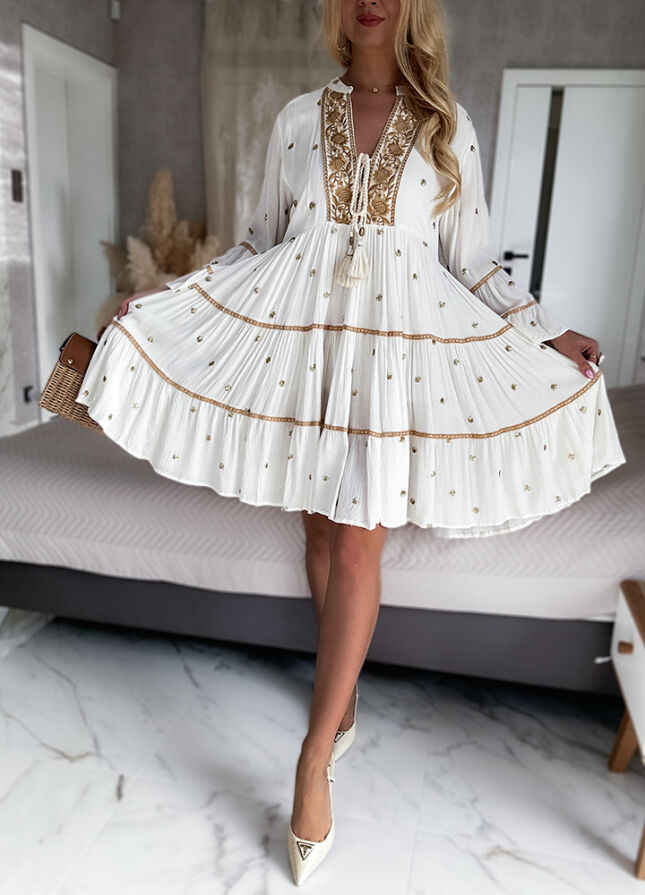 Boho sukienka PREMIUM złote grochy WISKOZA white - N112
