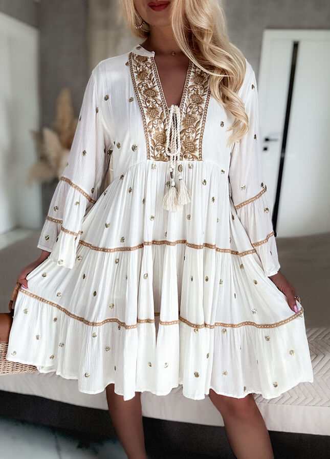 Boho sukienka PREMIUM złote grochy WISKOZA white - N112