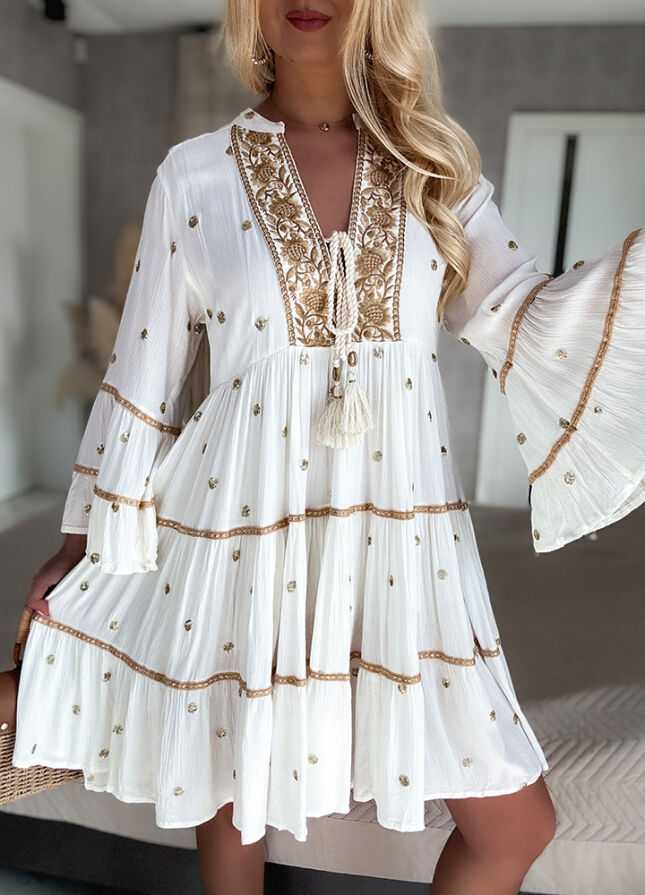 Boho sukienka PREMIUM złote grochy WISKOZA white - N112