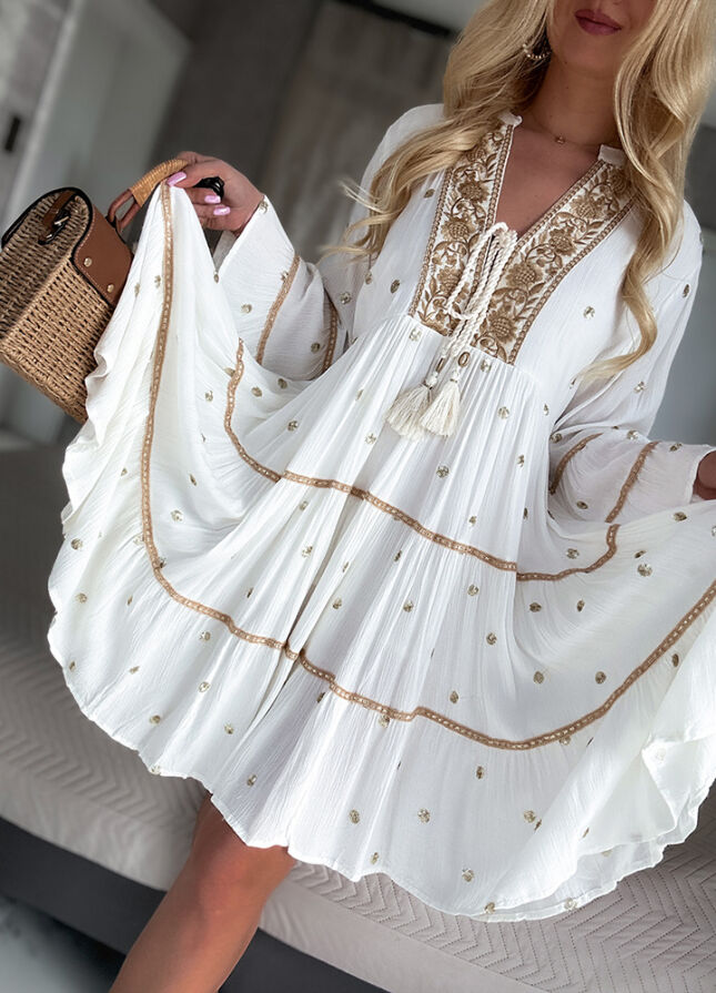 Boho sukienka PREMIUM złote grochy WISKOZA white - N112