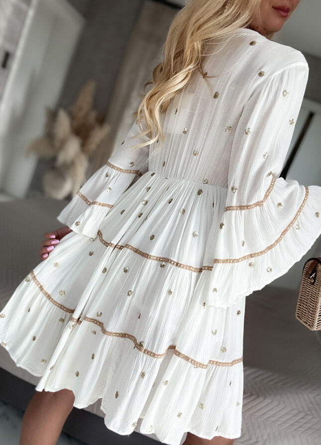 Boho sukienka PREMIUM złote grochy WISKOZA white - N112
