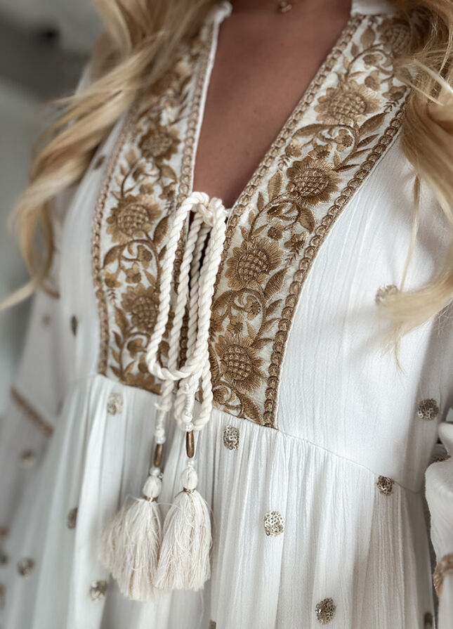 Boho sukienka PREMIUM złote grochy WISKOZA white - N112