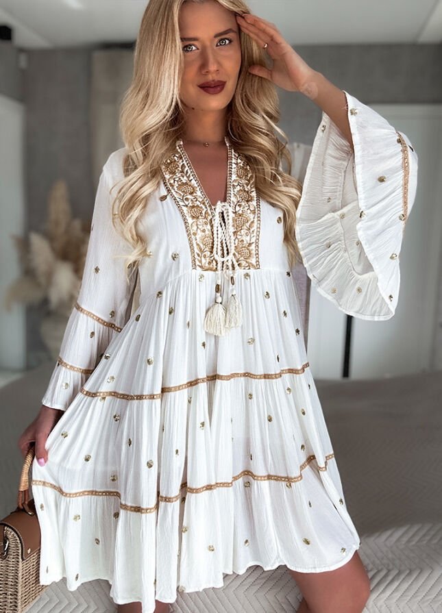Boho sukienka PREMIUM złote grochy WISKOZA white - N112