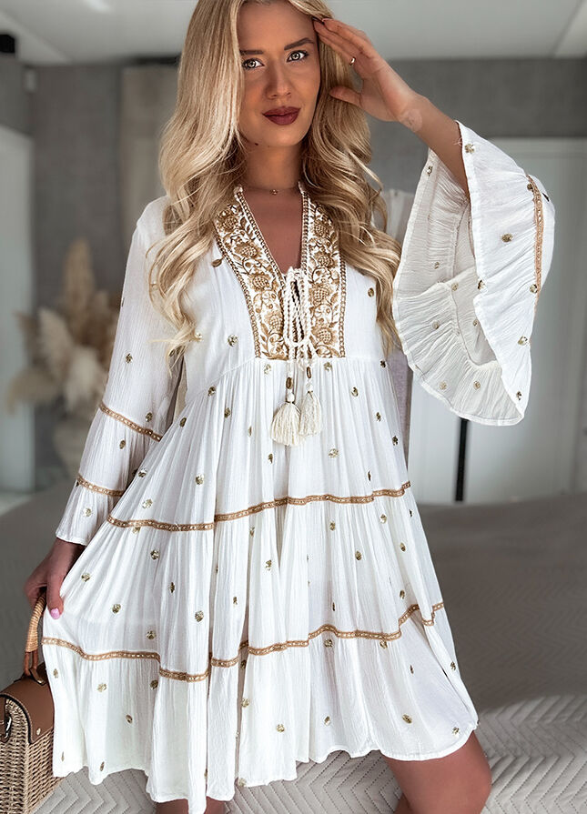Boho sukienka PREMIUM złote grochy WISKOZA white - N112