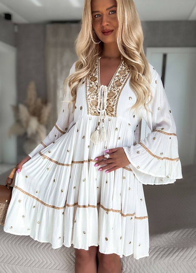 Boho sukienka PREMIUM złote grochy WISKOZA white - N112