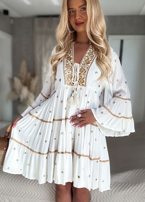 Boho sukienka PREMIUM złote grochy WISKOZA white - N112