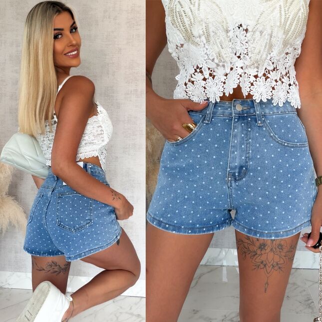 Elastyczne szorty jeansowe w mini groszki BLUE JEANS - S081