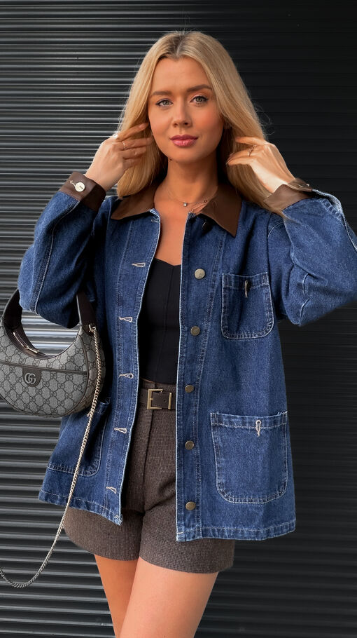 Wyjątkowa kurtka jeansowa z brązowymi dodatkami ONE SIZE blue jeans - S453