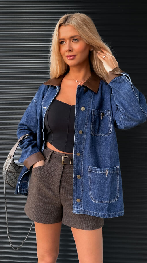 Wyjątkowa kurtka jeansowa z brązowymi dodatkami ONE SIZE blue jeans - S453
