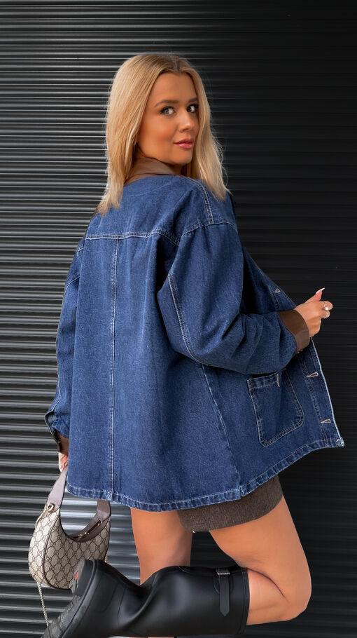 Wyjątkowa kurtka jeansowa z brązowymi dodatkami ONE SIZE blue jeans - S453