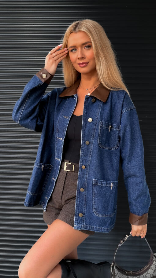 Wyjątkowa kurtka jeansowa z brązowymi dodatkami ONE SIZE blue jeans - S453