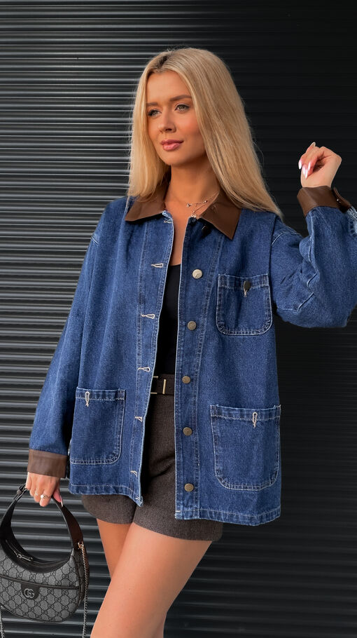 Wyjątkowa kurtka jeansowa z brązowymi dodatkami ONE SIZE blue jeans - S453