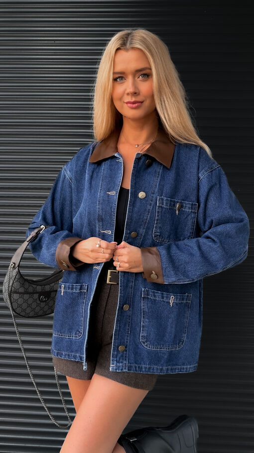 Wyjątkowa kurtka jeansowa z brązowymi dodatkami ONE SIZE blue jeans - S453