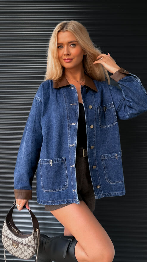 Wyjątkowa kurtka jeansowa z brązowymi dodatkami ONE SIZE blue jeans - S453