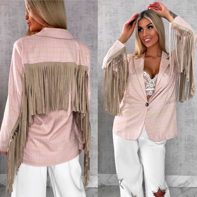 Oryginalna marynarka w kratkę z frędzlami ONE SIZE pudrowa - R433