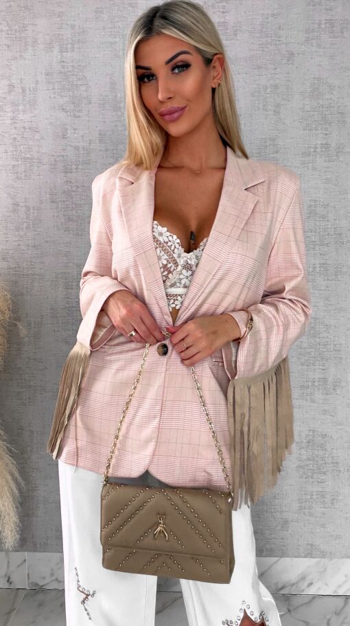 Oryginalna marynarka w kratkę z frędzlami ONE SIZE pudrowa - R433