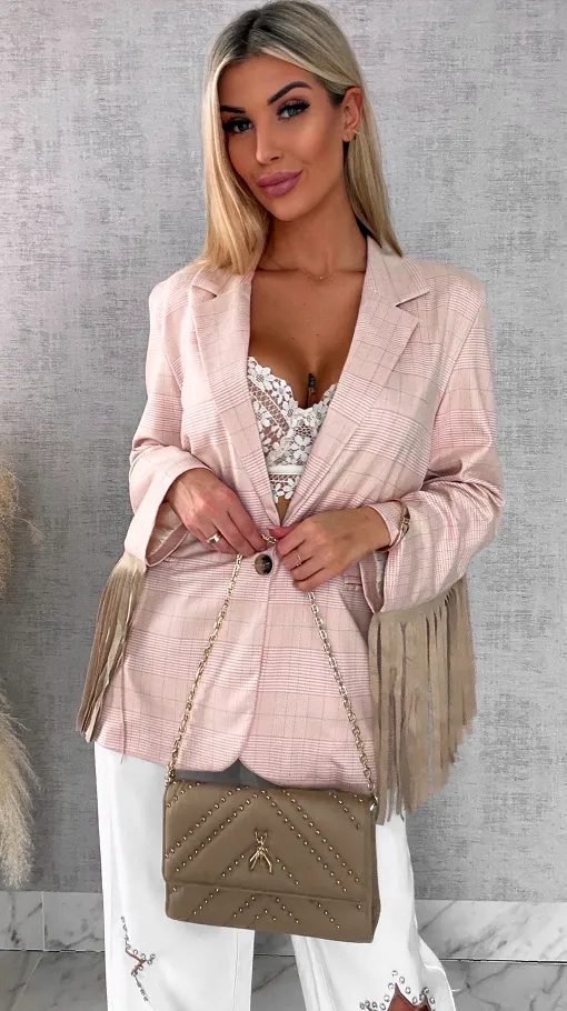 Oryginalna marynarka w kratkę z frędzlami ONE SIZE pudrowa - R433
