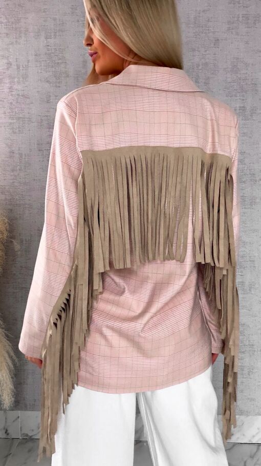 Oryginalna marynarka w kratkę z frędzlami ONE SIZE pudrowa - R433