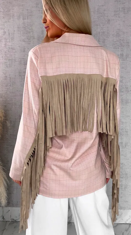 Oryginalna marynarka w kratkę z frędzlami ONE SIZE pudrowa - R433