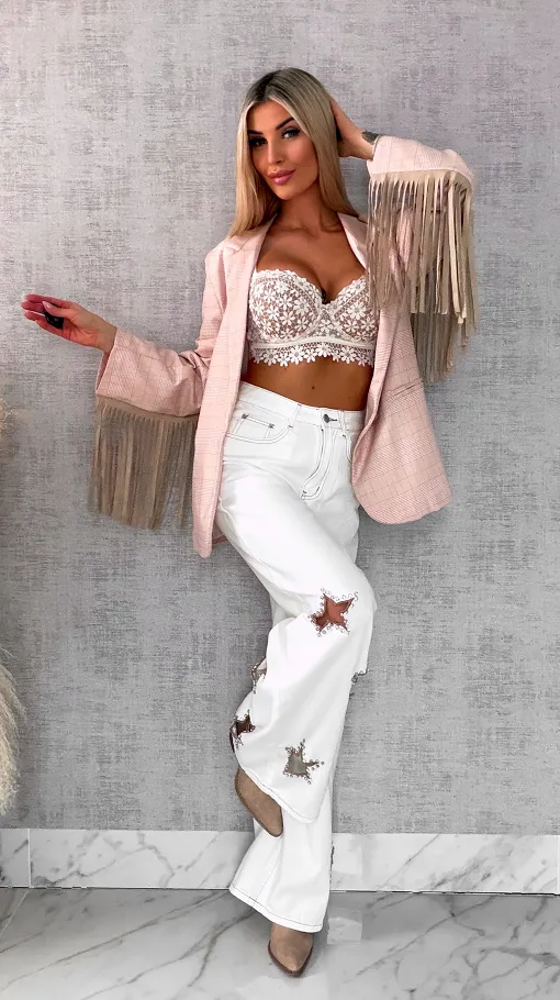 Oryginalna marynarka w kratkę z frędzlami ONE SIZE pudrowa - R433