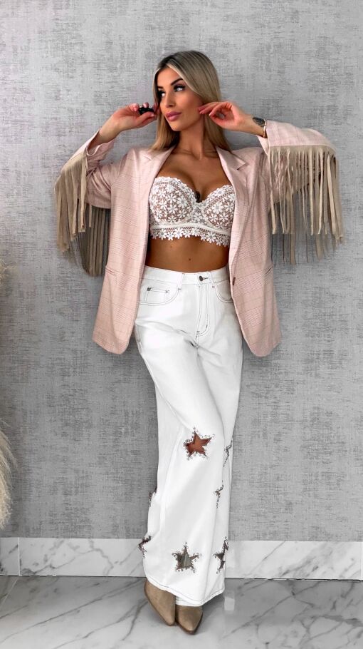 Oryginalna marynarka w kratkę z frędzlami ONE SIZE pudrowa - R433