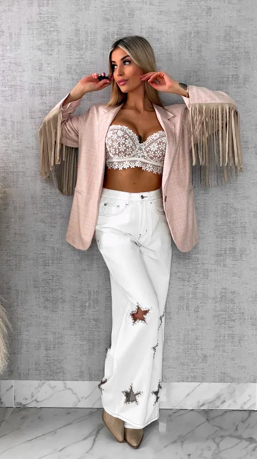 Oryginalna marynarka w kratkę z frędzlami ONE SIZE pudrowa - R433