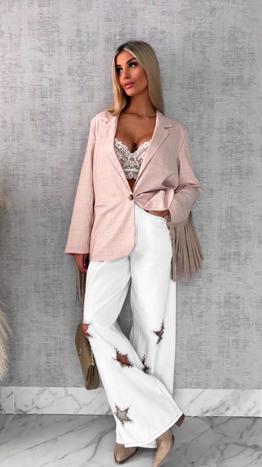 Oryginalna marynarka w kratkę z frędzlami ONE SIZE pudrowa - R433