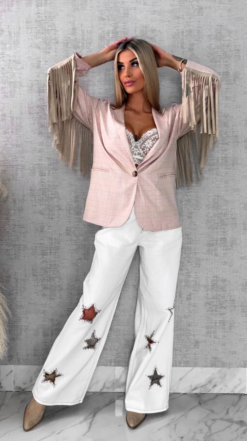 Oryginalna marynarka w kratkę z frędzlami ONE SIZE pudrowa - R433