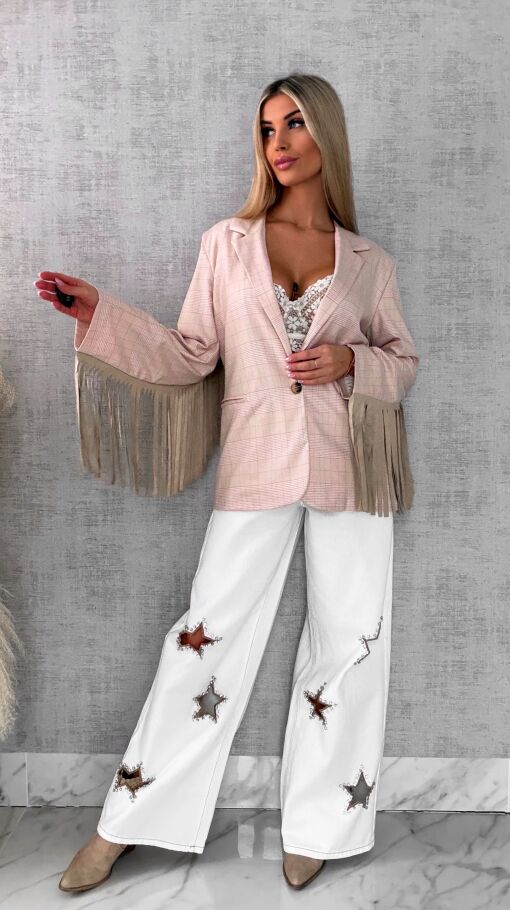 Oryginalna marynarka w kratkę z frędzlami ONE SIZE pudrowa - R433