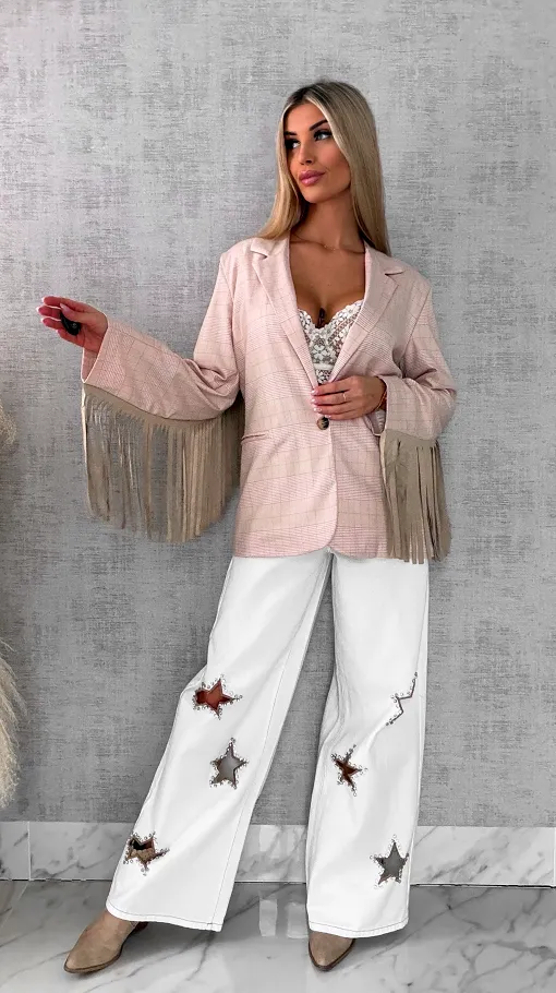 Oryginalna marynarka w kratkę z frędzlami ONE SIZE pudrowa - R433