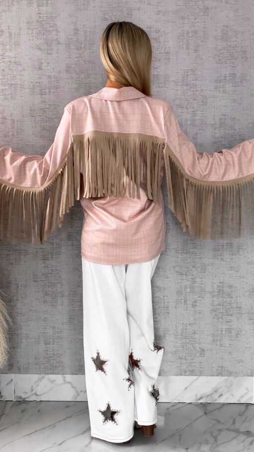 Oryginalna marynarka w kratkę z frędzlami ONE SIZE pudrowa - R433