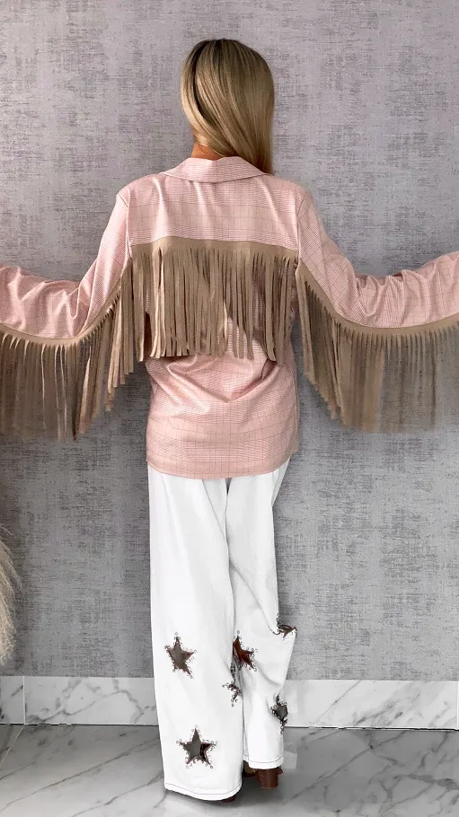 Oryginalna marynarka w kratkę z frędzlami ONE SIZE pudrowa - R433