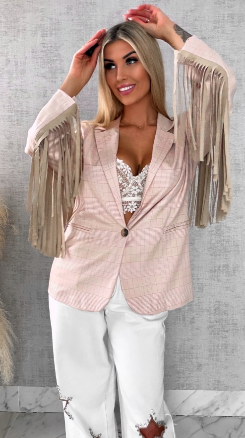 Oryginalna marynarka w kratkę z frędzlami ONE SIZE pudrowa - R433