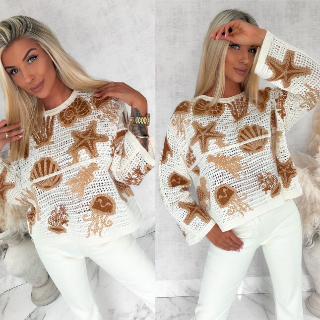 Ażurowy lekki sweter z bawełny z morskimi motywami ONE SIZE beż - S126A