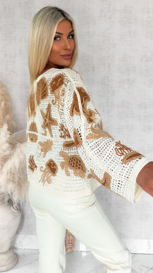 Ażurowy lekki sweter z bawełny z morskimi motywami ONE SIZE beż - S126A