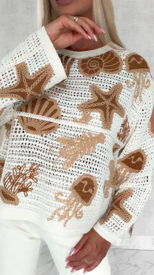 Ażurowy lekki sweter z bawełny z morskimi motywami ONE SIZE beż - S126A