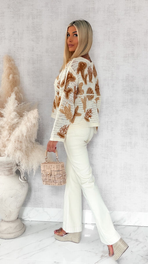 Ażurowy lekki sweter z bawełny z morskimi motywami ONE SIZE beż - S126A