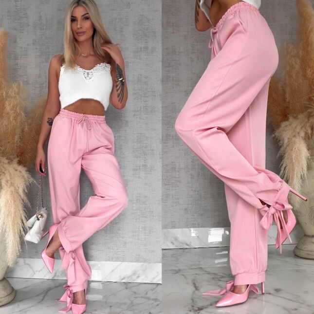 Wiosenne różowe spodnie z gumką w pasie i wiązanymi nogawkami ONE SIZE - R672