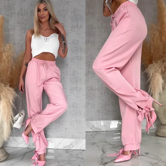 Wiosenne różowe spodnie z gumką w pasie i wiązanymi nogawkami ONE SIZE - R672