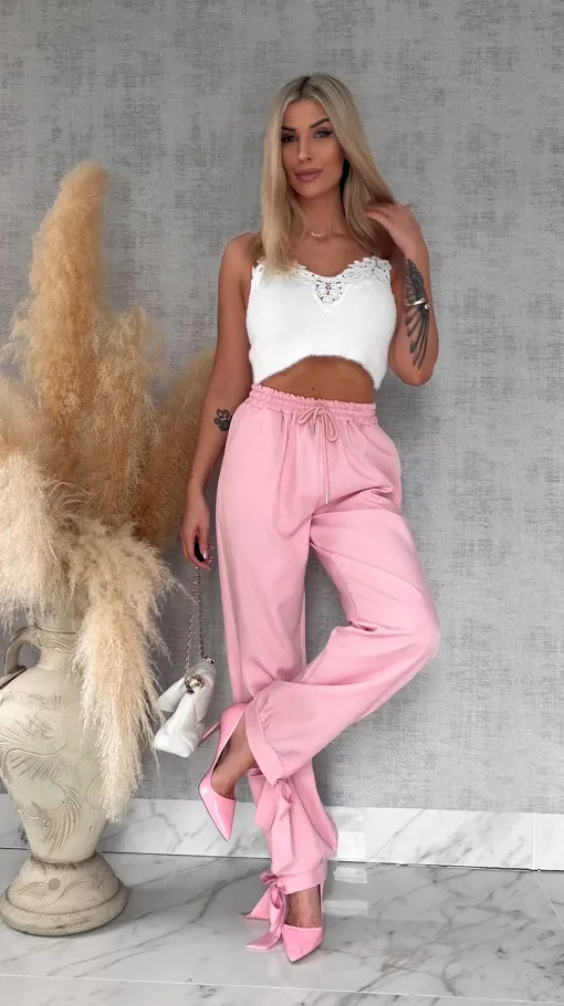 Wiosenne różowe spodnie z gumką w pasie i wiązanymi nogawkami ONE SIZE - R672