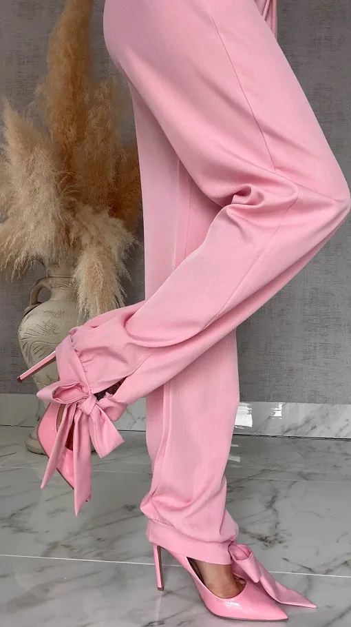 Wiosenne różowe spodnie z gumką w pasie i wiązanymi nogawkami ONE SIZE - R672